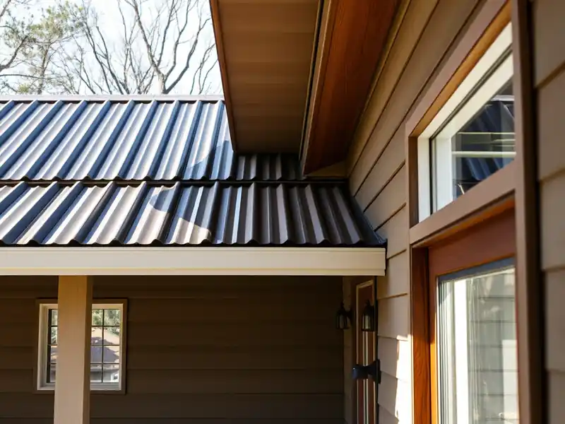 Illustration of close-up of materials and finishes of house with a standing-seam metal roof in a 1958-era home