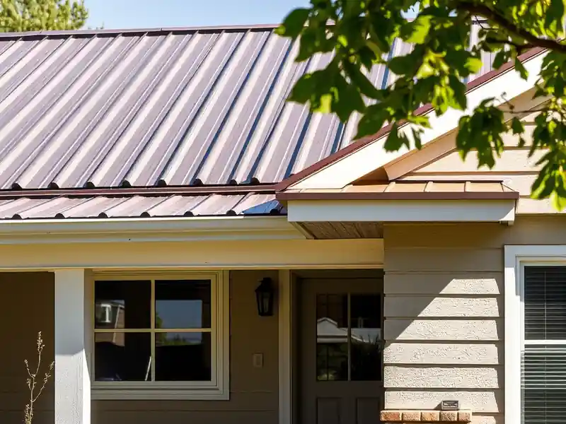 Illustration of close-up of materials and finishes of house with a standing-seam metal roof in a 1958-era home