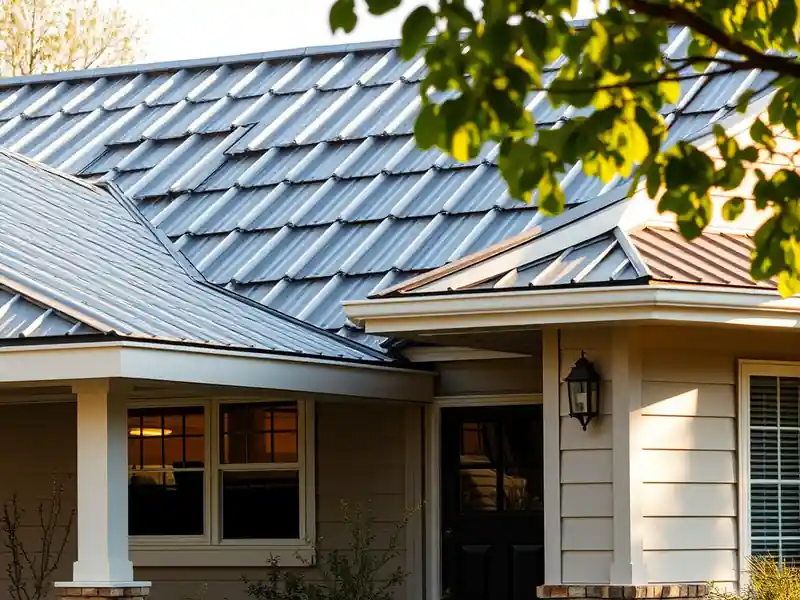 Illustration of close-up of materials and finishes of house with a standing-seam metal roof in a 1958-era home
