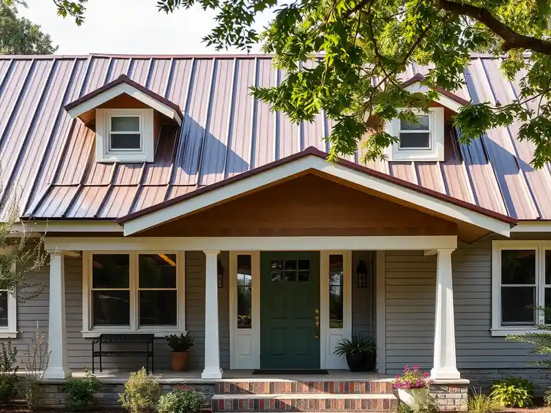Illustration of close-up of materials and finishes of house with a standing-seam metal roof in a 1958-era home