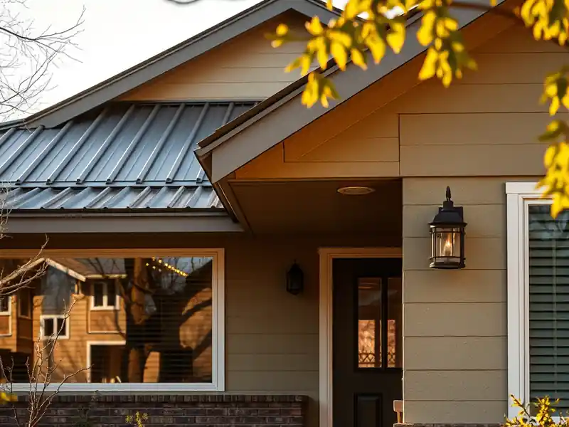 Illustration of close-up of materials and finishes of house with a standing-seam metal roof in a 1958-era home